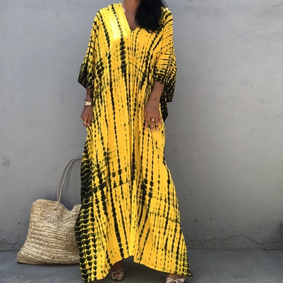 Yellow & Black Bohemian Tie Dye Kaftan Kimono Dress - Picture 7 of 9